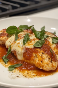 Close-up shot of the finished chicken parmesan on a plate, served hot. The golden-brown cheese is perfectly melted over the tomato sauce, with fresh basil garnish on top. The plate rests on the white marble cooktop