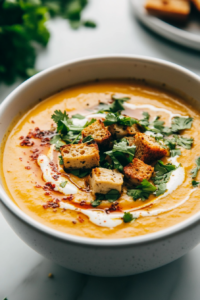 Close-up shot of a on the white marble cooktop, serving a bowl of creamy sweet potato soup topped with a swirl of tofu cream, fresh coriander, crispy chili oil, and sourdough croutons. The vibrant colors pop against the creamy base.