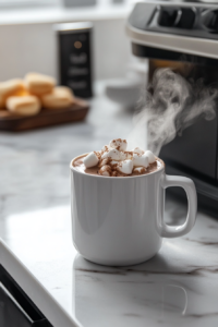 Close-up shot of a mug filled with hot chocolate on the white marble cooktop, freshly poured from the slow cooker. Steam rises from the surface, with optional whipped cream, marshmallows, and chocolate shavings garnishing the top.