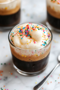 A glass of iced coffee with sugar cookie cold foam on top, ready to be enjoyed. The drink looks creamy and festive.