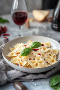 Wide shot of a table set with bowls of creamy coconut milk pasta, topped with fresh basil, red pepper flakes, and extra vegan parmesan. The dish is warm and inviting, ready to be enjoyed.