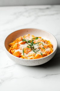 A bowl of fresh fettuccine pasta tossed in rich, creamy sweet potato sauce, topped with extra Parmesan and fresh tarragon. The dish looks indulgent and vibrant, ready to serve.