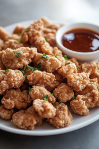 Breaded soy curls ready to serve in a plate on the white marble cooktop