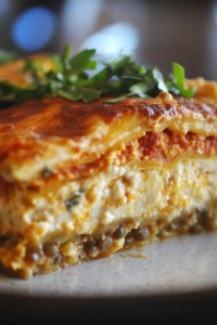 Close-up of a slice of vegan lasagna on a plate, with layers of lentils, ricotta, and mozzarella clearly visible. A glass of wine and a side salad sit in the background.