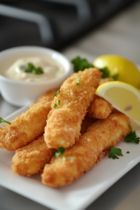 Plated shot of crispy tofu tenders arranged neatly on a serving plate with a side of creamy dipping sauce. Fresh parsley and a wedge of lemon garnish the plate, creating a vibrant and inviting presentation.