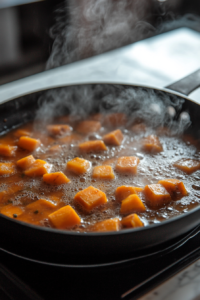 Close-up shot of a black skillet on the white marble cooktop, simmering chunks of sweet potato and vegetable stock, with steam rising gently from the pot. The lid is slightly ajar, and the mixture bubbles softly as it cooks.