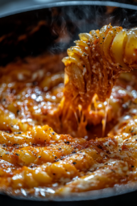 Close-up of creamy Parmesan and ricotta melting into the pasta, creating a velvety texture. The spoon is lifting a portion, showing the gooey, cheesy goodness.