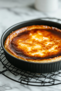 A close-up shot of a perfect Salted Caramel Creme Brulee Cheesecake on a white marble plate, with a golden, crispy caramelized top. The rest of the cheesecake remains in the black pan.