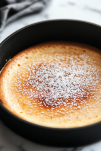 A close-up shot of a black cheesecake pan on the white marble cooktop, where granulated sugar is being sprinkled evenly over the top of the chilled cheesecake, preparing for the caramelizing process.
