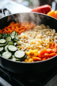 Action shot of colorful sliced carrots, zucchini, squash, bell peppers, and shallots being added to a pot of creamy broth and pasta. Steam rises from the pot, making the ingredients look vibrant and fresh.