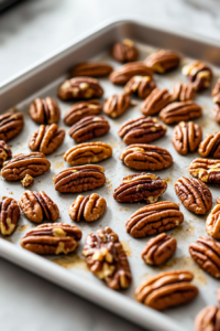 A baking sheet with pecans toasting in the oven at 325°F, turning golden and fragrant.