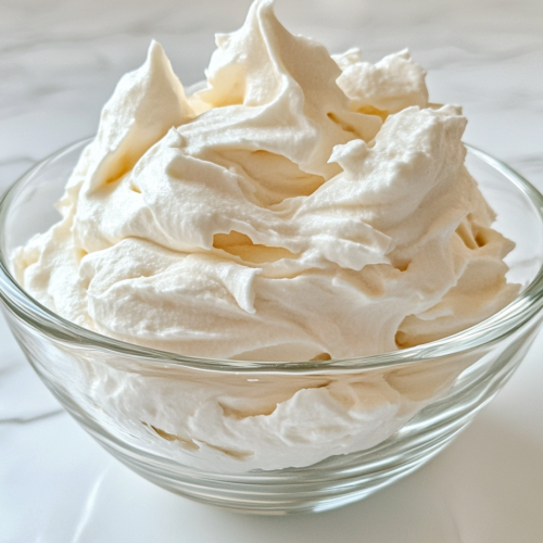 Close-up shot of the fluffy and smooth whipped aquafaba in the glass bowl, garnished with a dollop on a spoon beside it. The bowl sits on the white marble cooktop, with light reflecting off the creamy texture
