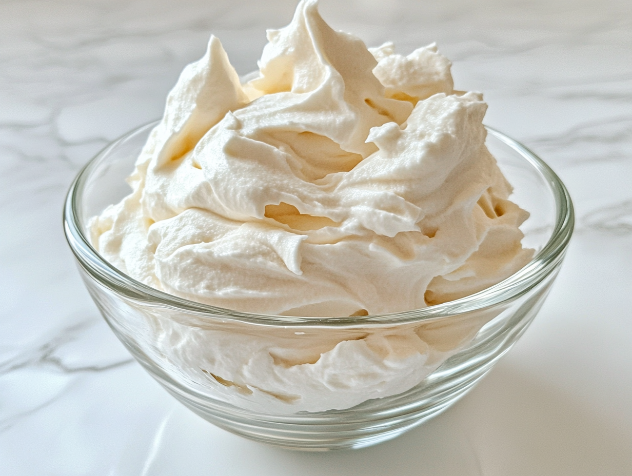 Close-up shot of the fluffy and smooth whipped aquafaba in the glass bowl, garnished with a dollop on a spoon beside it. The bowl sits on the white marble cooktop, with light reflecting off the creamy texture