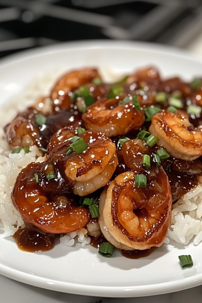 Honey Soy Shrimp served on a plate with rice or vegetables, garnished with chopped green onions