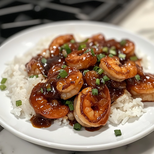 Honey Soy Shrimp served on a plate with rice or vegetables, garnished with chopped green onions
