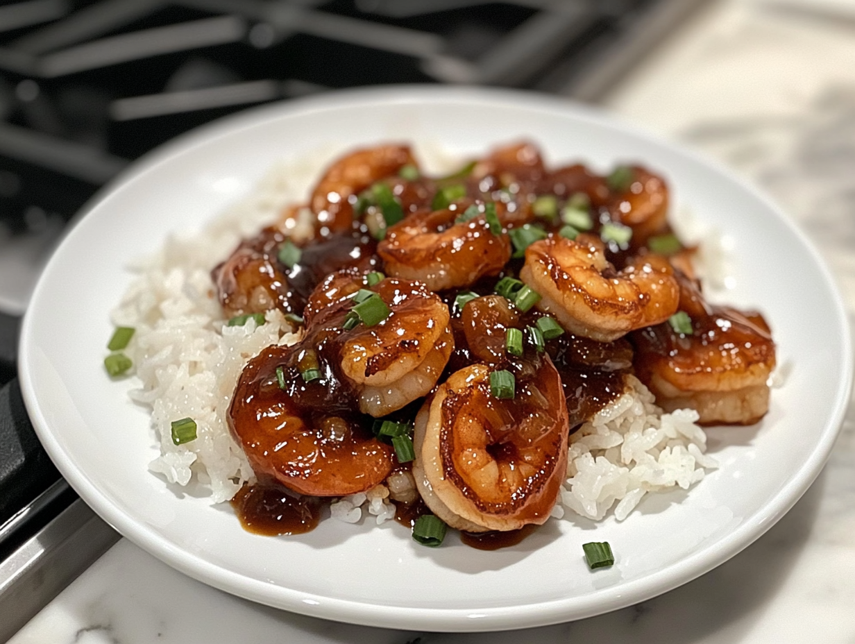 Honey Soy Shrimp served on a plate with rice or vegetables, garnished with chopped green onions