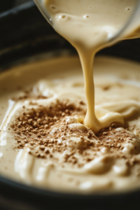 Close-up shot of the eggnog cheesecake batter being poured into the baked gingersnap crust in a springform pan, ready for baking.