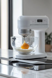 Close-up shot of an egg being cracked into the cheesecake filling mixture in a glass mixing bowl, with a spatula ready to fold it in gently."
