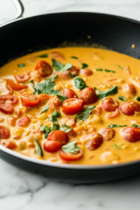Close-up shot of the black skillet on the white marble cooktop, as diced tomatoes and coconut milk are poured in, stirring to create a creamy, golden curry sauce. The ingredients begin to simmer together.