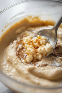 A spatula gently folding lightly beaten eggs into the cheesecake batter, ensuring a smooth texture