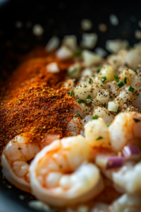 Close-up shot of minced garlic, paprika, Italian seasoning, and onion powder being stirred into the shrimp in the skillet. The spices begin to coat the shrimp, adding vibrant colors and aromas
