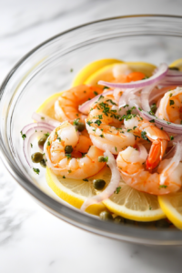 Close-up shot of a glass mixing bowl on the white marble cooktop, with freshly cooked shrimp being added to the prepared marinade. The shrimp glisten as they are tossed with thinly sliced onions, lemons, and capers