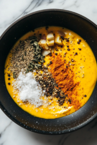 Close-up shot of the black skillet on the white marble cooktop, where salt, pepper, red curry paste, and ground turmeric are added to the softened vegetables, sizzling and blending into a vibrant mixture