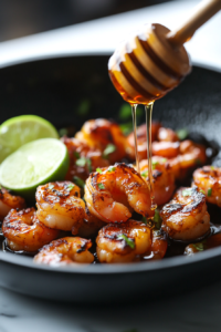 Close-up shot of the skillet on the white marble cooktop, as honey drizzles over the shrimp, followed by freshly squeezed lime juice. The shrimp glisten, coated in the flavorful mixture.