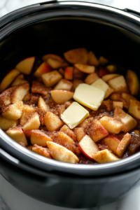 A black slow cooker on the white marble cooktop, filled with freshly chopped apple pieces. Soft brown sugar is sprinkled over the apples, and thin slices of butter are dotted on top, ready to melt