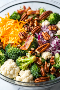 Crumbled bacon and raw pecan pieces are sprinkled over the mixed salad in a glass bowl on the white marble cooktop. The toppings add a crunchy, savory contrast to the fresh veggies.