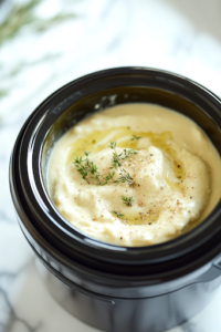 A close-up shot of a black slow cooker on the white marble cooktop, with large cubes of Velveeta cheese placed on top of the soup mixture. The cheese is bright yellow and unblended, waiting to melt into the creamy soup. No stirring has been done yet.