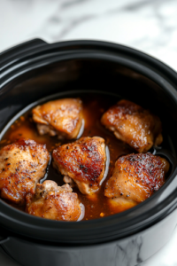 A close-up of a black slow cooker placed on a white marble cooktop. A hand pours warm chicken broth into the bottom of the slow cooker, preparing for the slow cooking process. The seared chicken thighs rest inside, ready to absorb the flavorful broth.
