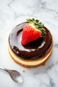 A mini strawberry cheesecake topped with a glossy chocolate ganache layer and a fresh strawberry. The cheesecakes are arranged neatly on a serving plate.