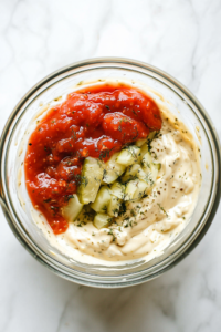 A glass mixing bowl on a white marble cooktop, with finely chopped dill pickles being sprinkled in, adding a crunchy texture and a burst of zesty flavor to the dressing mixture.
