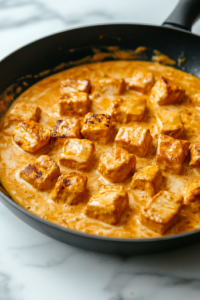 Tender, cubed cooked chicken is added to the creamy sauce in the black skillet on the white marble cooktop. The pieces are being gently folded in, absorbing the rich flavors as they simmer.