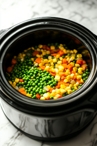 A close-up shot of a black slow cooker on the white marble cooktop, with bright yellow corn kernels and fresh green peas being stirred in during the final 30 minutes of cooking. The vegetables maintain their vibrant color and texture, adding freshness to the soup.