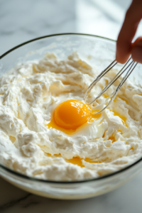 Adding eggs one at a time to the cheesecake batter, mixing gently.