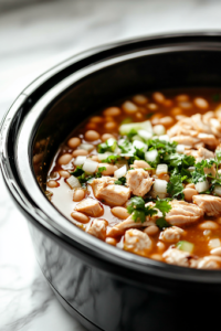 A black slow cooker on a white marble cooktop, as chicken stock is being poured over the chicken. White beans, diced green chiles, minced garlic, chopped onion, cumin, oregano, salt, and cayenne pepper are already added, creating a colorful and aromatic base for the chili.