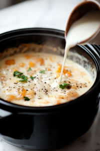 A black slow cooker on a white marble cooktop, as milk, salt, and black pepper are being poured into the mixture of cheese, spinach, and artichokes. The liquid is ready to blend with the rich, creamy ingredients for enhanced flavor and consistency.