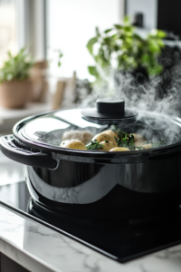 A close-up shot of the black slow cooker covered with a glass lid on the white marble cooktop. The potatoes are slowly cooking, with steam slightly fogging the lid, indicating they are softening and absorbing flavors.