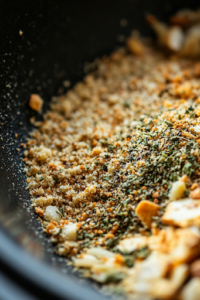 Dry herbed bread stuffing mix being sprinkled evenly over the slow cooker ingredients, forming a textured top layer. The stuffing is golden brown and filled with aromatic herbs.