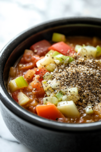 A close-up shot of a small dish on the white marble cooktop, holding a blend of black pepper, garlic salt, and celery salt, ready to season the stew. A spoon sprinkles the seasoning over the slow cooker ingredients, enhancing the flavors.