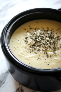 A close-up shot of a black slow cooker on the white marble cooktop, with ranch dressing mix being evenly sprinkled over the creamy soup mixture. The seasoning enhances the depth of flavor, ensuring a well-balanced taste.