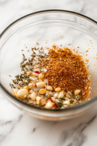 A glass mixing bowl on a white marble cooktop, with garlic powder and Italian seasoning being sprinkled in, adding depth of flavor to the creamy egg and cottage cheese mixture.