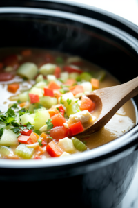 A close-up shot of a black slow cooker on the white marble cooktop, filled with sautéed onions, celery, and bell peppers. Frozen broccoli florets, diced potatoes, and finely chopped carrots are layered inside, creating a colorful and hearty base for the soup.