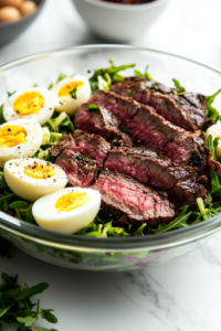 A close-up of a large glass mixing bowl on a white marble cooktop, now topped with perfectly cooked and sliced steak, revealing a tender pink center. Sliced boiled eggs are arranged around the salad for the final touch before serving.