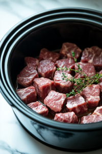 A close-up of a black slow cooker on a white marble cooktop, as freshly cut steak bites are arranged in an even layer inside the pot. The raw meat is prepped for seasoning and slow cooking.