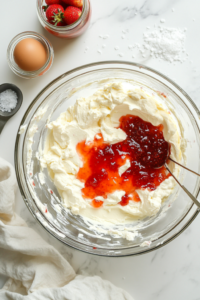 A mixing bowl with softened cream cheese, sugar, strawberry preserves, vanilla, and an egg being blended into a smooth and creamy mixture.