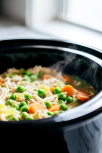 A close-up shot of thawed frozen peas and carrots being stirred into the black crockpot on the white marble cooktop. The colorful vegetables add texture and a vibrant contrast to the creamy chicken mixture, enhancing both the flavor and appearance of the dish.