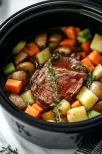 A close-up of a slow cooker on a white marble cooktop, now with water being poured over the browned roast. Surrounding the meat, chopped carrots, peeled and cubed potatoes, diced onion, and chopped celery are neatly arranged, ready to be slow-cooked together.